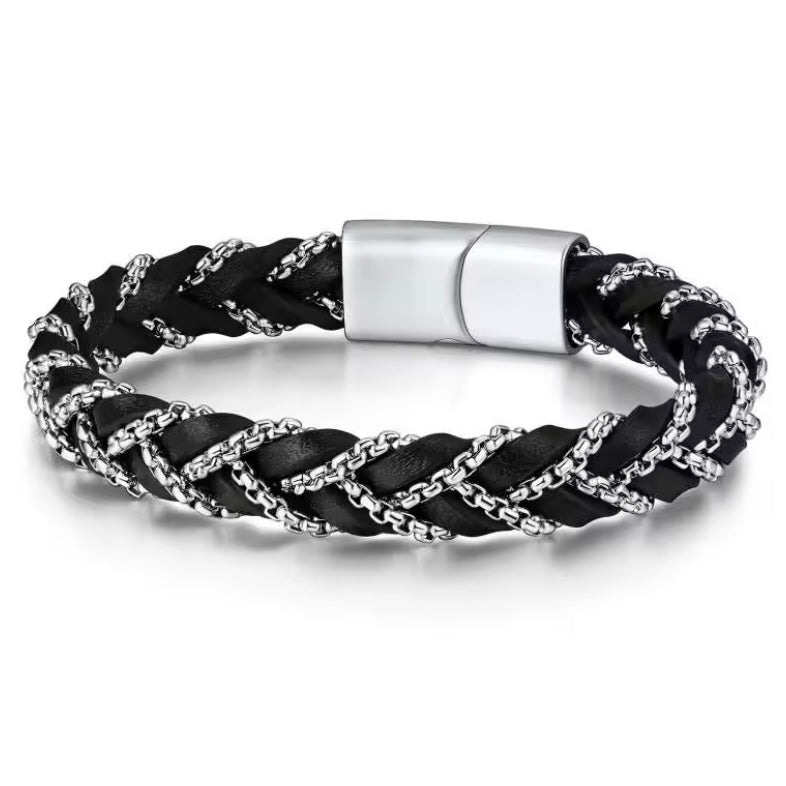Stainless Steel Chain Leather Braiding Bangle Bracelets