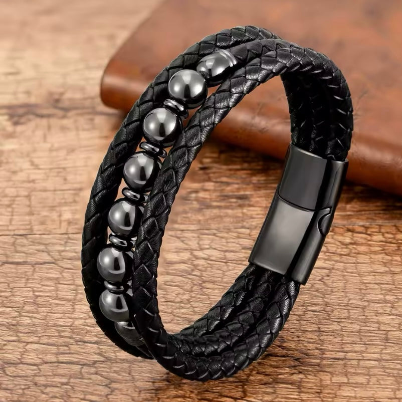 Feng Yue Armband met Natuursteen & Lederen Bedels (19-23 cm)