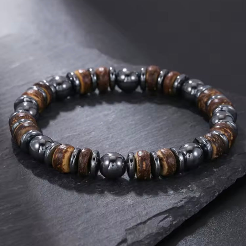 Herenarmband retro-stijl elastisch koord houten kralen kokosnoot agaat