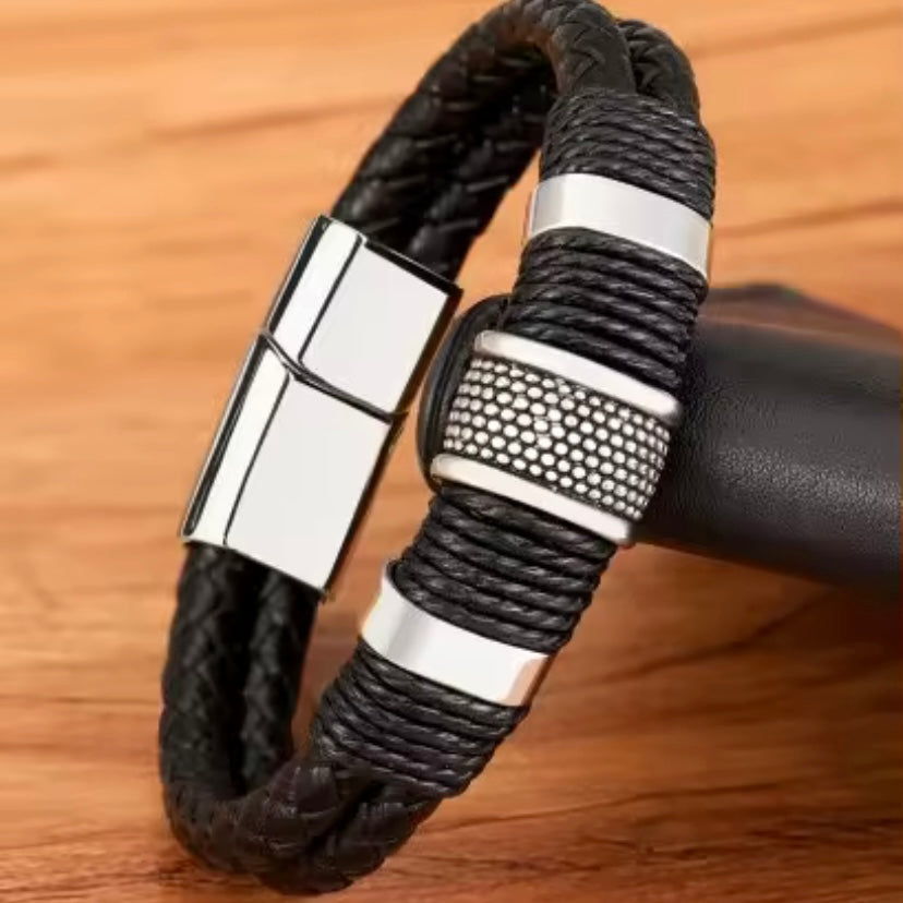 Charm Vintage Multilayer Zwart-Rvs Lederen Armband voor Mannen - Zakelijke Stijl en Formele Gelegenheden