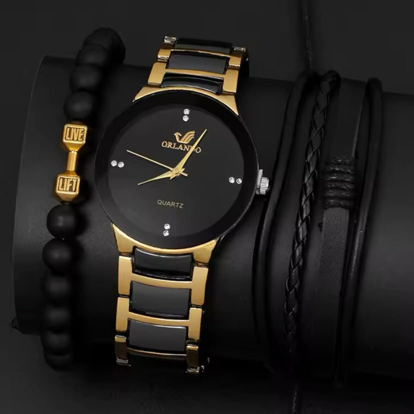 Luxe Heren Quartz Horloge + 2 Gratis Armbanden