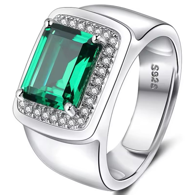925 Zilveren Verstelbaar Mannen Ring met vierkante smaragdgroene edelsteen
