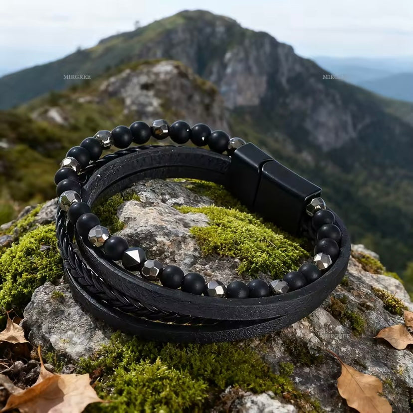 Geweven PU-leer natuursteen armband