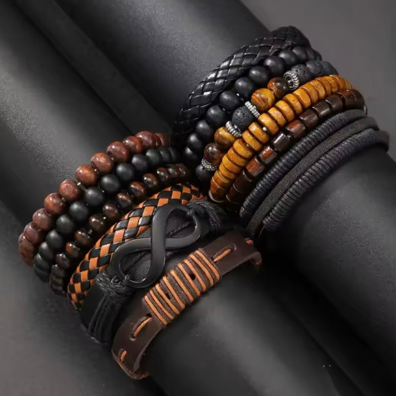 12-delige vintage geweven kunstleer Tijgeroog en maansteen kralenarmbandset