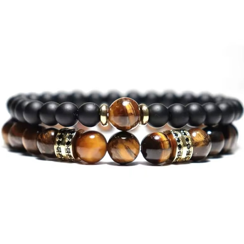 2 herenarmbanden: Tijgeroog stenen kralen en luxe zirconia wikkelarmband