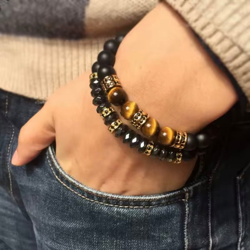 Luxe 2 Stks/set Mannen Zirkoon Armband Zwart Onyx Stenen Kralen Braslet Natuurlijke Hematiet Tijger Ogen Braclet Armband