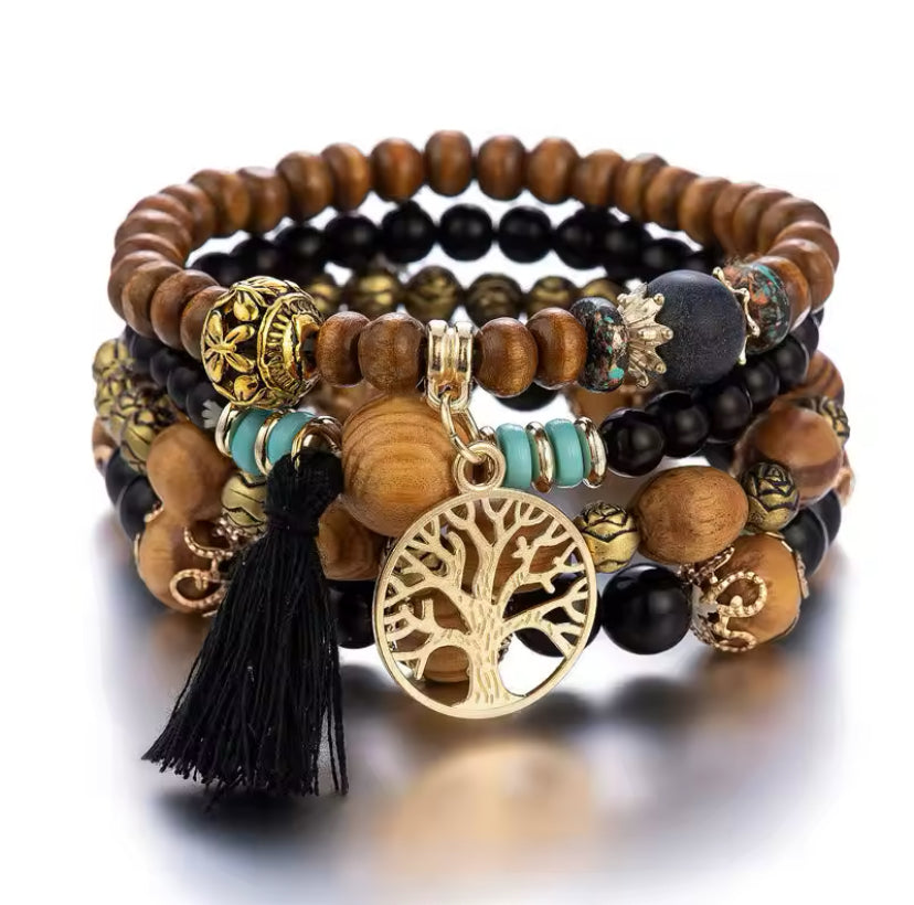 4-delige Vintage Damesarmband met Kralen, Kwastje en Bladhanger