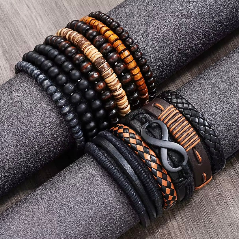13 Stuks Mode Kralen Lederen Armband Set Voor Mannen Geweven Kralen Multi-Layer