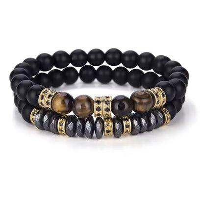 Luxe 2 Stks/set Mannen Zirkoon Armband Zwart Onyx Stenen Kralen Braslet Natuurlijke Hematiet Tijger Ogen Braclet Armband