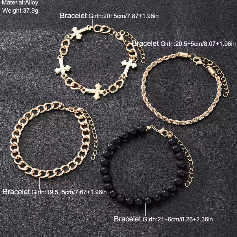 Set van 4 gouden punkarmbanden met minimalistisch kruis en zwarte kralen – stijlvolle kettingarmband geïnspireerd door Justin Bieber