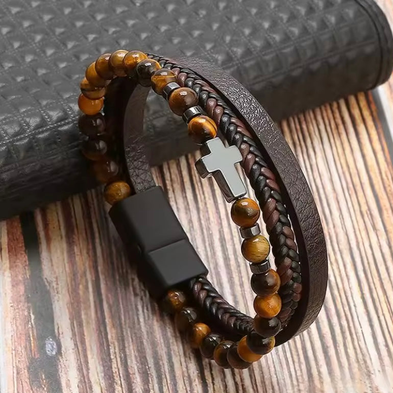 Lederen Herenarmband Klassiek – Handgeweven Meerdere Lagen, Kruis Accessoire voor Stijlvolle Mannen