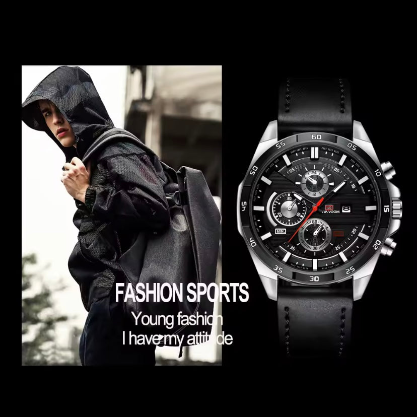 Top Herenhorloge Sportstijl – 46 mm Groot Leer Quartz Horloge | Luxe Racestijl met Kalenderfunctie