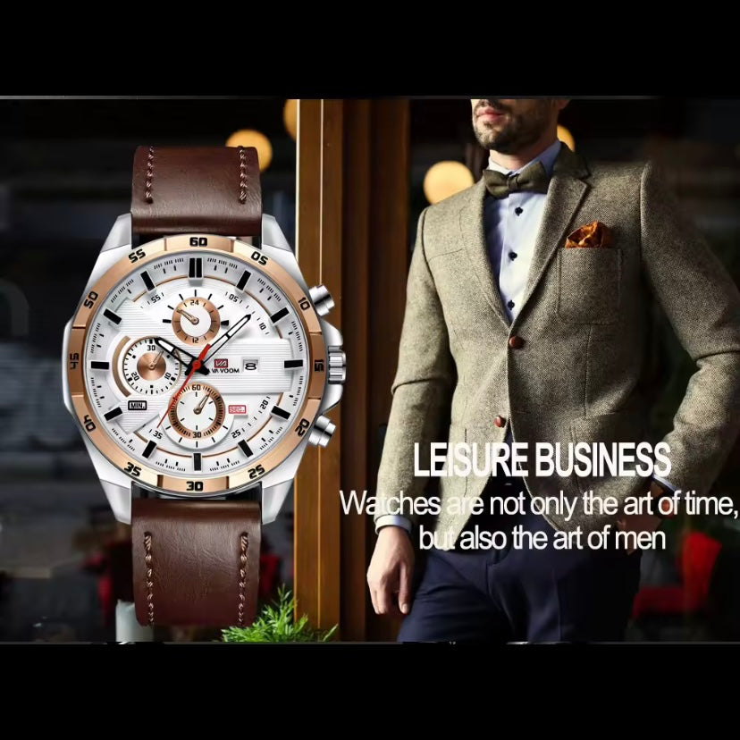 Top Herenhorloge Sportstijl – 46 mm Groot Leer Quartz Horloge | Luxe Racestijl met Kalenderfunctie