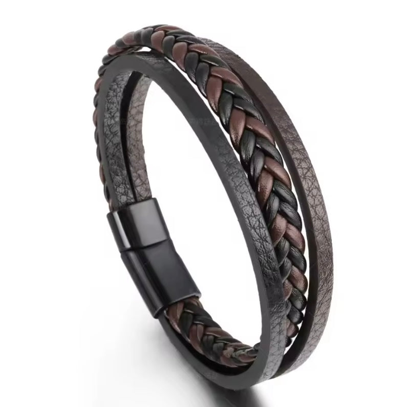 Stijlvolle Zwart/bruin Multiplayer Leren Herenarmband | 21cm