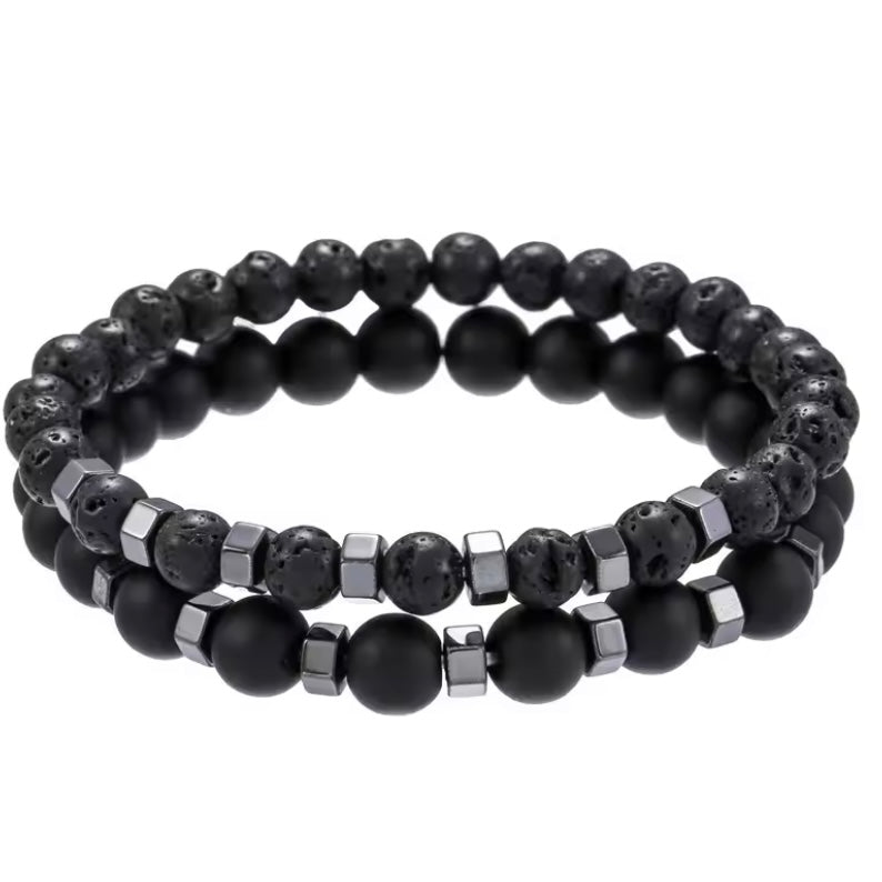 2-Delige Kralen Armband Set – Lavasteen, Agaat & Tijgeroog | Unisex Sieraden Cadeau voor Mannen & Vrouwen