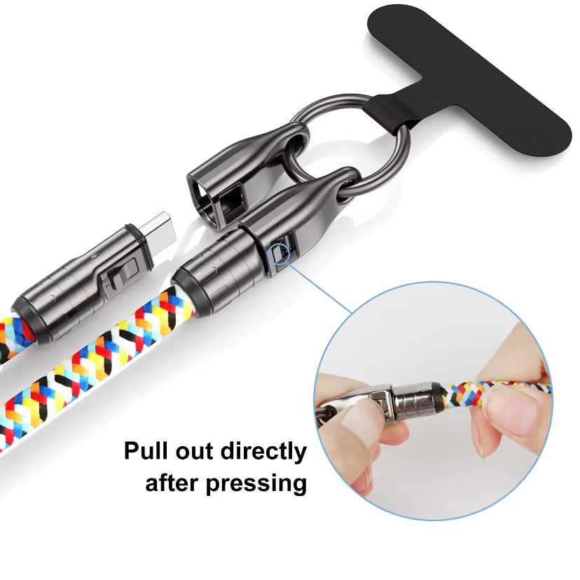 1.2M Crossbody Telefoonkoord met 240W Snellaadkabel – Universeel Type-C & Polsband