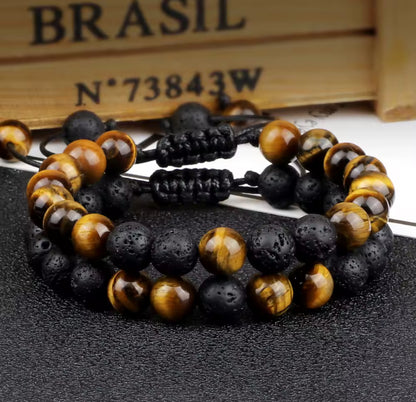 8mm Zwarte Lava & Tijgeroog Armband – Verstelbare Gevlochten Armband