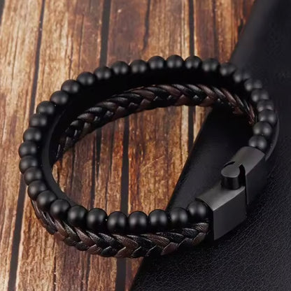 Mannen Klassieke Mode Hoge Kwaliteit Lederen Armband Obsidiaan Kralen