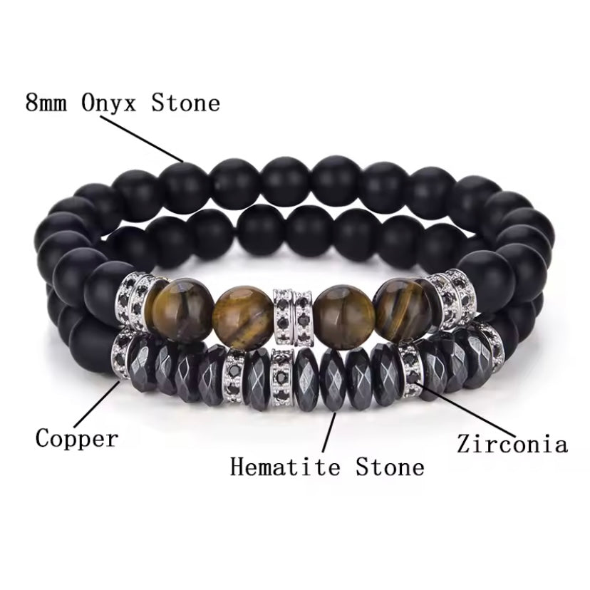 Luxe 2 Stks/set Mannen Zirkoon Armband Zwart Onyx Stenen Kralen Braslet Natuurlijke Hematiet Tijger Ogen Braclet Armband