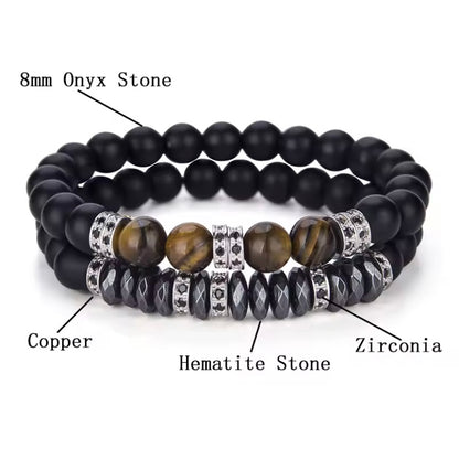 Luxe 2 Stks/set Mannen Zirkoon Armband Zwart Onyx Stenen Kralen Braslet Natuurlijke Hematiet Tijger Ogen Braclet Armband