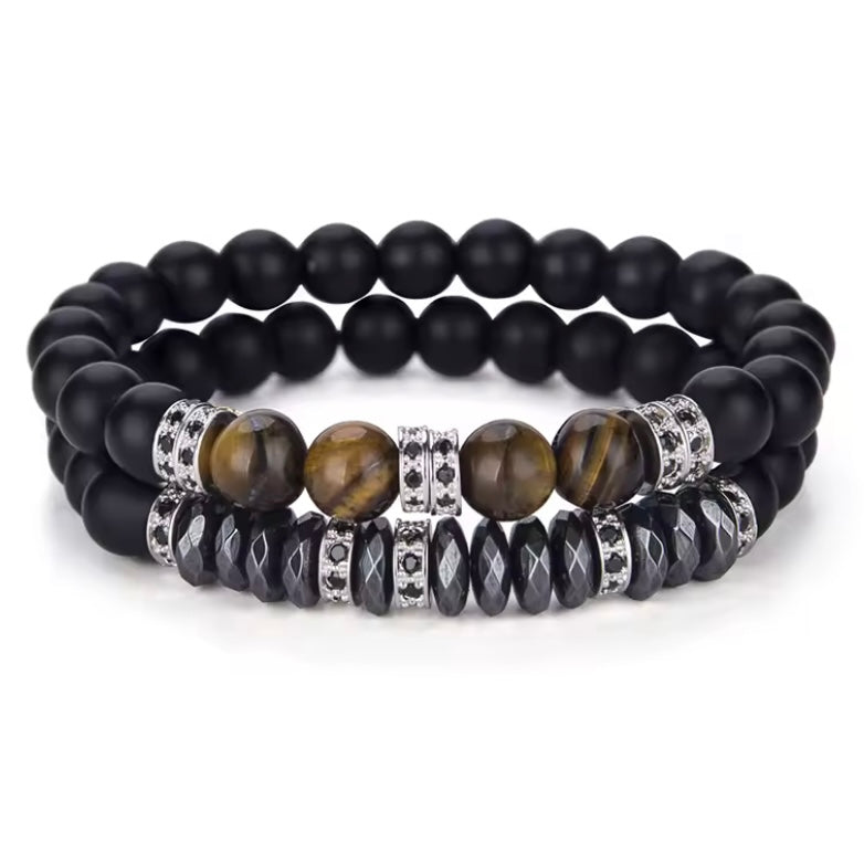 Luxe 2 Stks/set Mannen Zirkoon Armband Zwart Onyx Stenen Kralen Braslet Natuurlijke Hematiet Tijger Ogen Braclet Armband