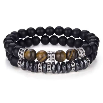 Luxe 2 Stks/set Mannen Zirkoon Armband Zwart Onyx Stenen Kralen Braslet Natuurlijke Hematiet Tijger Ogen Braclet Armband