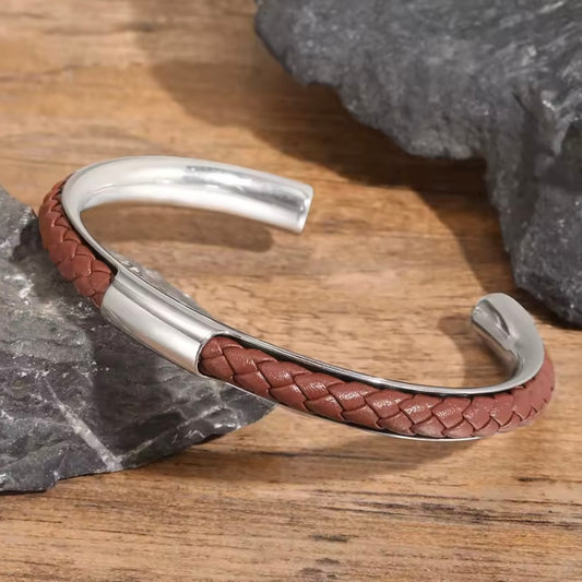 Stijlvolle Herenarmband – Roestvrijstalen Manchet met Zacht PU-Leren Inzetstuk