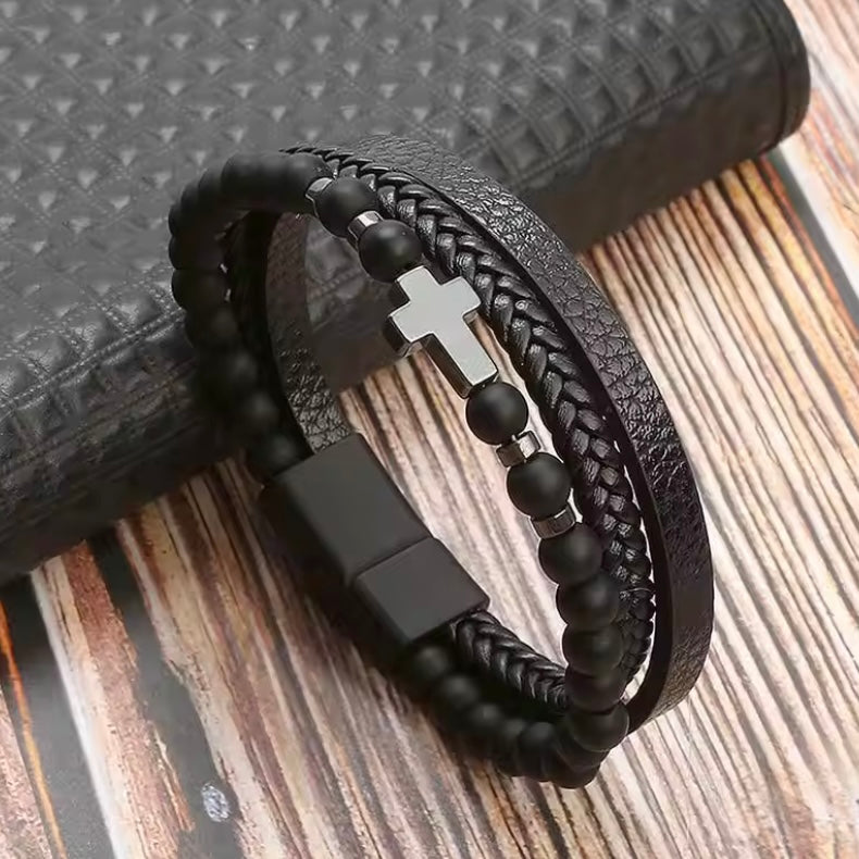 Lederen Herenarmband Klassiek – Handgeweven Meerdere Lagen, Kruis Accessoire voor Stijlvolle Mannen