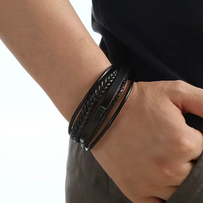 Stoere Lederen Armbanden Zw – Roestvrij Staal & Gevlochten Design | Perfect Cadeau voor Mannen
