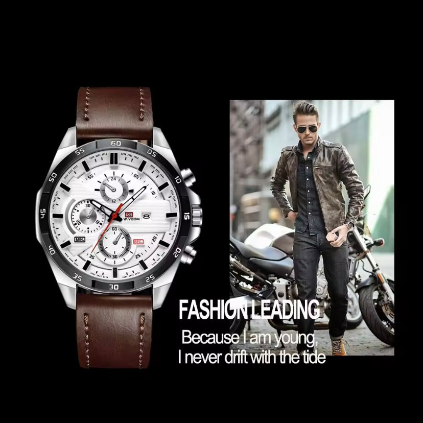 Top Herenhorloge Sportstijl – 46 mm Groot Leer Quartz Horloge | Luxe Racestijl met Kalenderfunctie