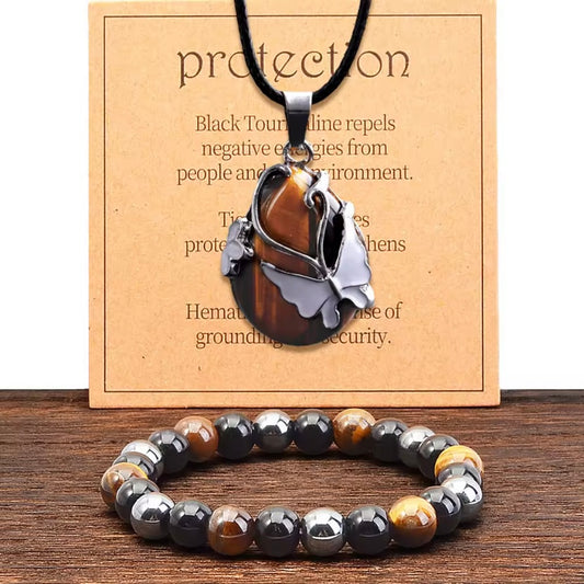 Beschermingsset-Tijgeroog stenen ketting en hematiet armband, gebruikt voor energiebescherming