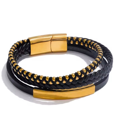 66mm zwart leer gevlochten dubbellaags retro armband voor mannen roestvrij staal