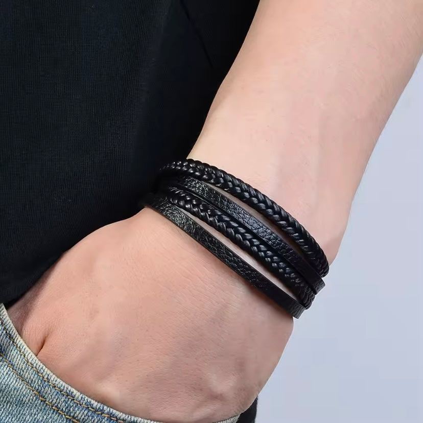 Meerlaags geweven PU-leren herenarmband, retro buitenstijl