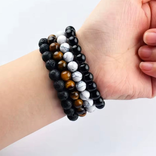Vintage kralen armband natuursteen lavasteen tijgeroog wit turkoois zwarte steen kralen armband
