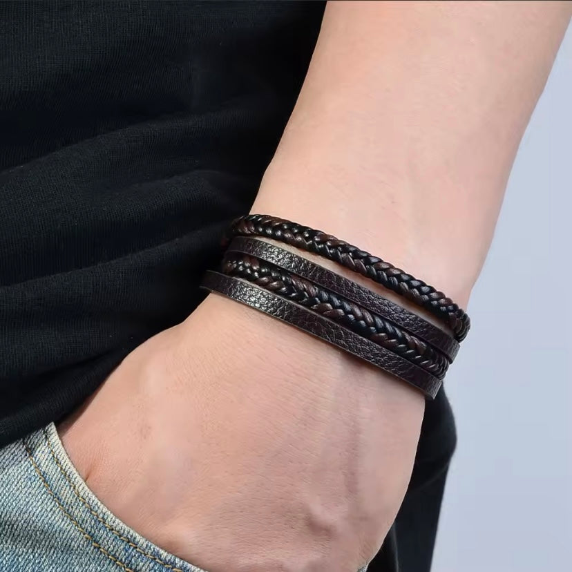 Meerlaags geweven PU-leren herenarmband, retro buitenstijl