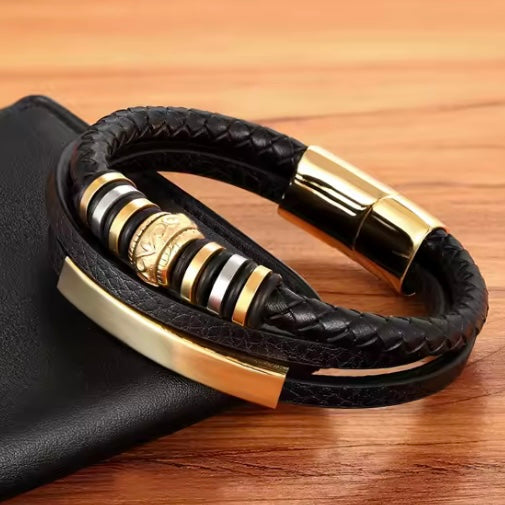 TYO Lederen Armband Voor Mannen met goudkleurige Stainless details