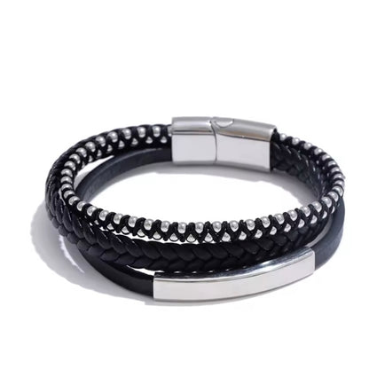 66mm zwart leer gevlochten dubbellaags retro armband voor mannen roestvrij staal