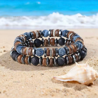 Set van 2 Herenarmbanden voor Buitenliefhebbers – Handgemaakte Vintage Kralen, Stijlvol Natuurliefhebbers Cadeau