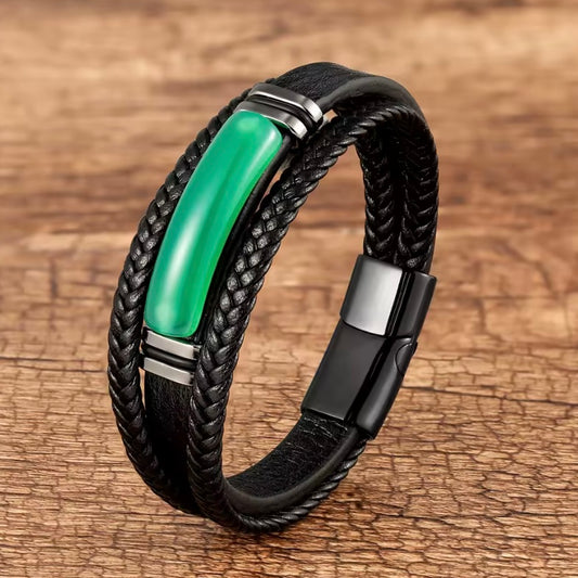 Rock Heren Armband met Gevlochten Leer en Stalen Detail