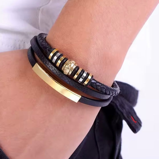 TYO Lederen Armband Voor Mannen met goudkleurige Stainless details