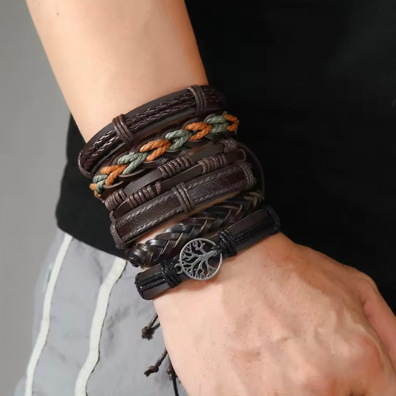 Leren armband voor heren Retro handgeweven leren armband, de levensboom Element Zesdelige set