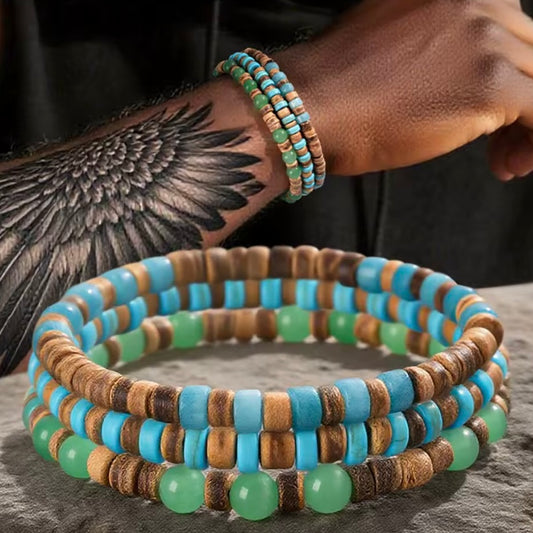 3 stks/set Boheemse houten en turquoise armbandenset, gelaagd voor zowel mannen als vrouwen