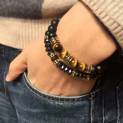 Luxe 2 Stks/set Mannen Zirkoon Armband Zwart Onyx Stenen Kralen Braslet Natuurlijke Hematiet Tijger Ogen Braclet Armband