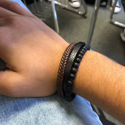 Mannen Klassieke Mode Hoge Kwaliteit Lederen Armband Obsidiaan Kralen