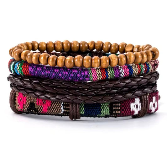 Set van 4 lederen armbanden voor mannen: vintage, gevlochten, houten kralen.