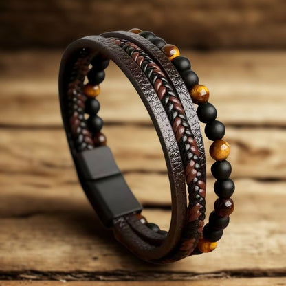 Tijgeroog Kralen & Lederen Armband – Multi-Layer Power Bracelet voor Mannen