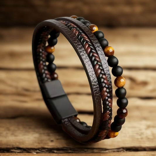 Tijgeroog Kralen & Lederen Armband – Multi-Layer Power Bracelet voor Mannen
